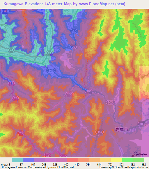 Kumagawa,Japan Elevation Map