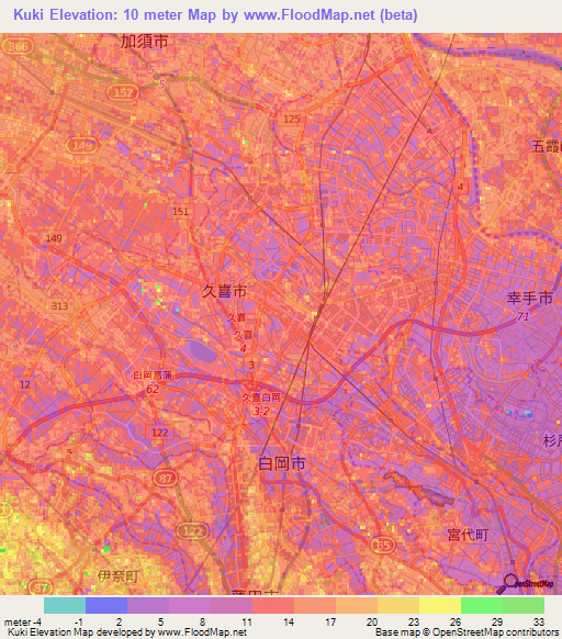 Kuki,Japan Elevation Map