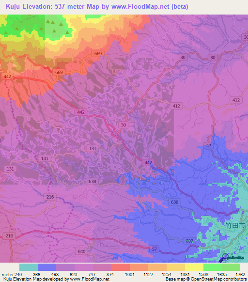 Kuju,Japan Elevation Map