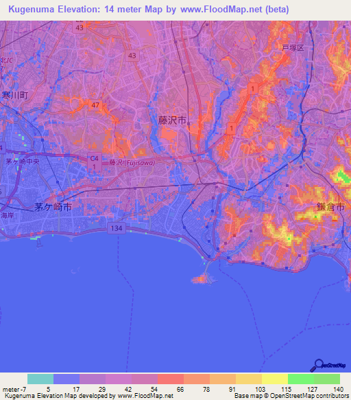 Kugenuma,Japan Elevation Map