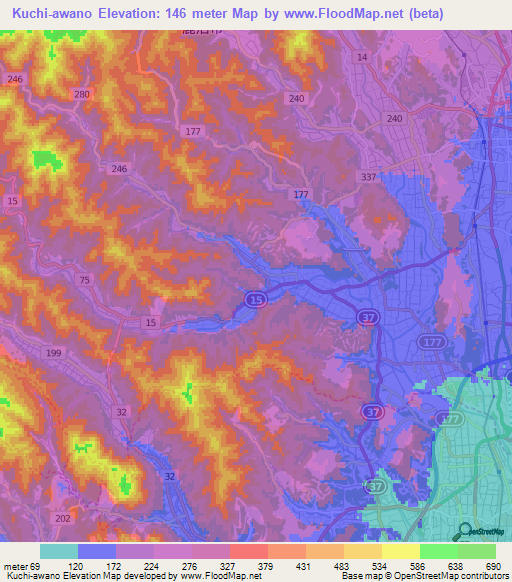 Kuchi-awano,Japan Elevation Map