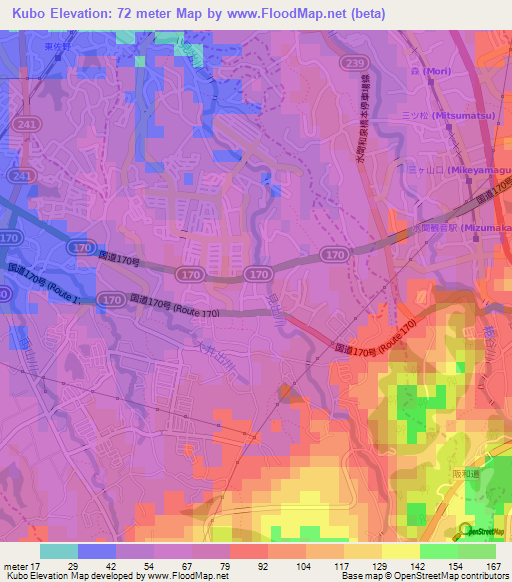 Kubo,Japan Elevation Map