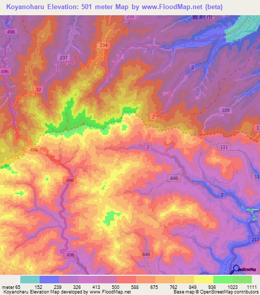 Koyanoharu,Japan Elevation Map