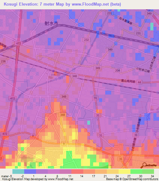 Kosugi,Japan Elevation Map