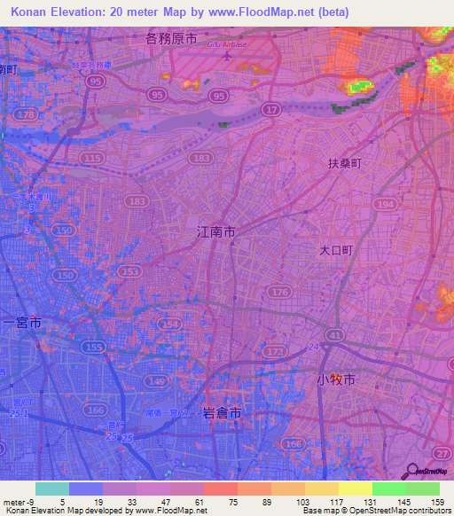 Konan,Japan Elevation Map