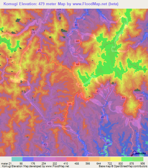 Komugi,Japan Elevation Map