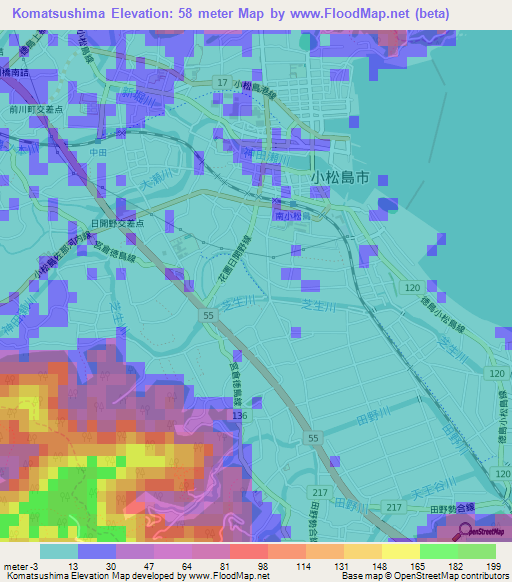 Komatsushima,Japan Elevation Map