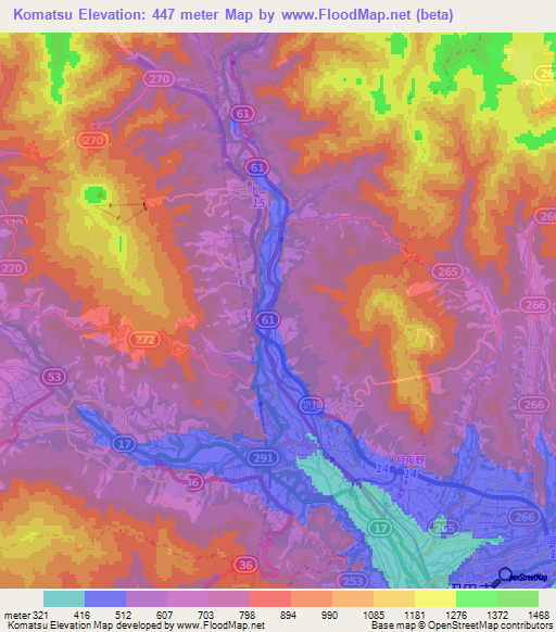 Komatsu,Japan Elevation Map