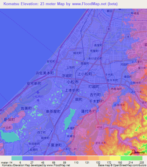 Komatsu,Japan Elevation Map