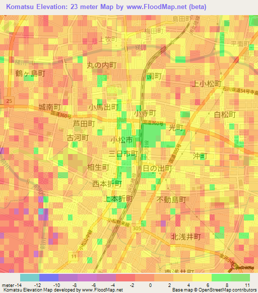 Komatsu,Japan Elevation Map