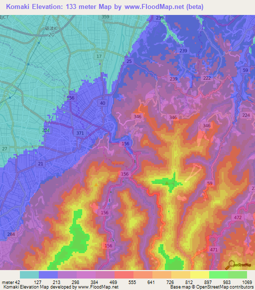Komaki,Japan Elevation Map