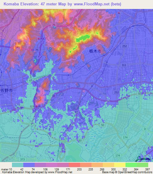 Komaba,Japan Elevation Map