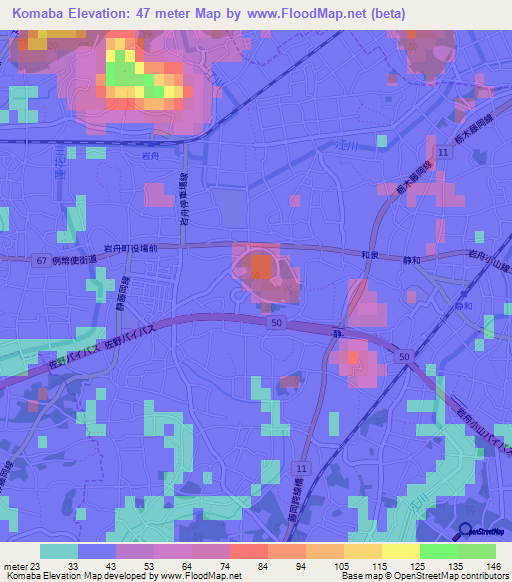 Komaba,Japan Elevation Map