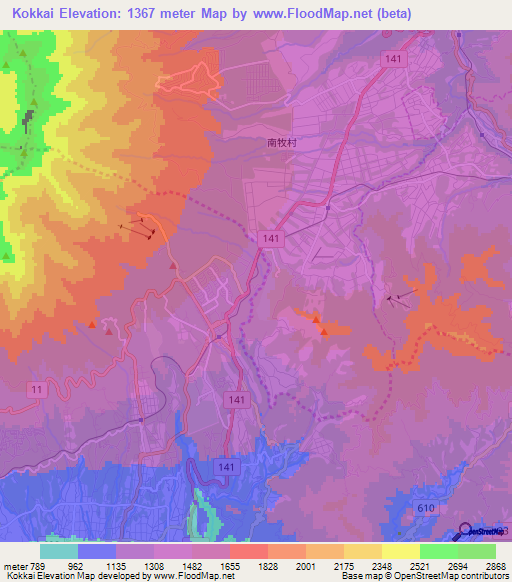 Kokkai,Japan Elevation Map