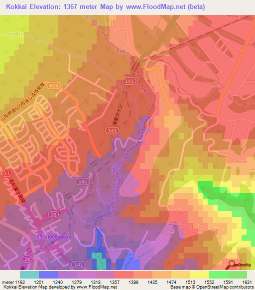 Kokkai,Japan Elevation Map