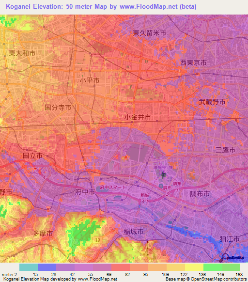 Koganei,Japan Elevation Map