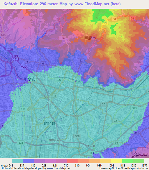 Kofu-shi,Japan Elevation Map