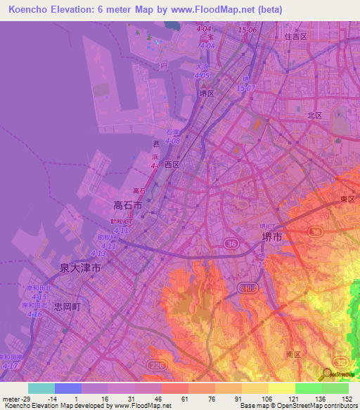 Koencho,Japan Elevation Map