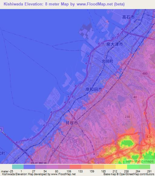 Kishiwada,Japan Elevation Map