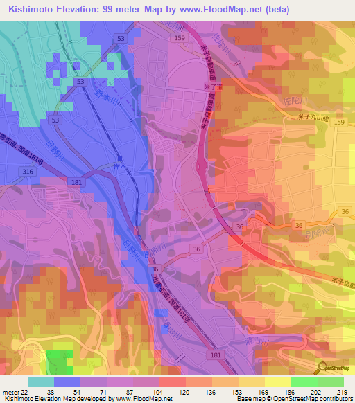 Kishimoto,Japan Elevation Map