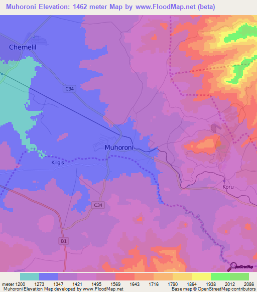 Muhoroni,Kenya Elevation Map