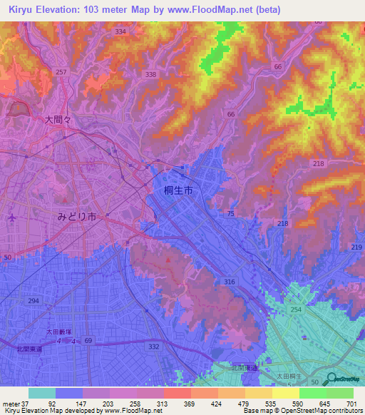 Kiryu,Japan Elevation Map