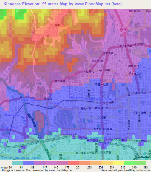 Kinugasa,Japan Elevation Map