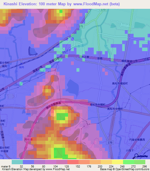 Kinashi,Japan Elevation Map