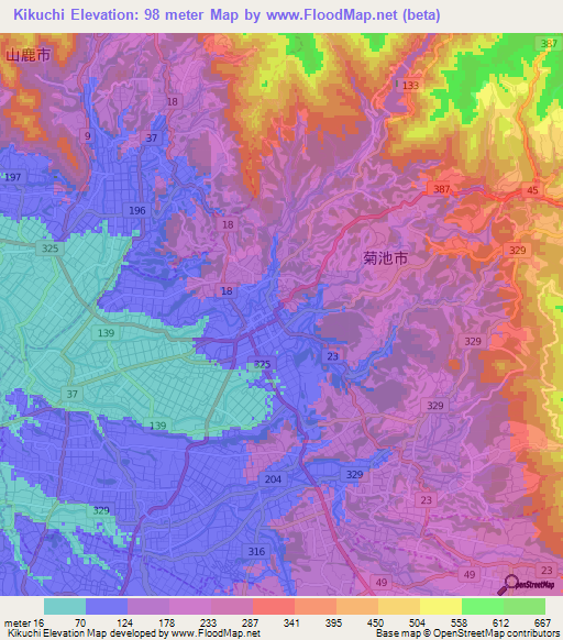 Kikuchi,Japan Elevation Map
