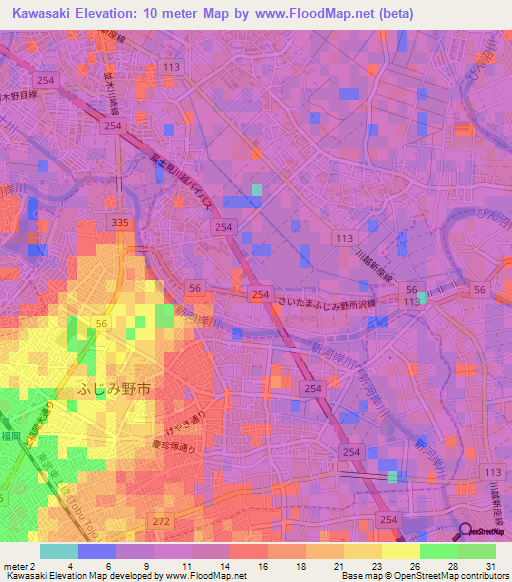 Kawasaki,Japan Elevation Map