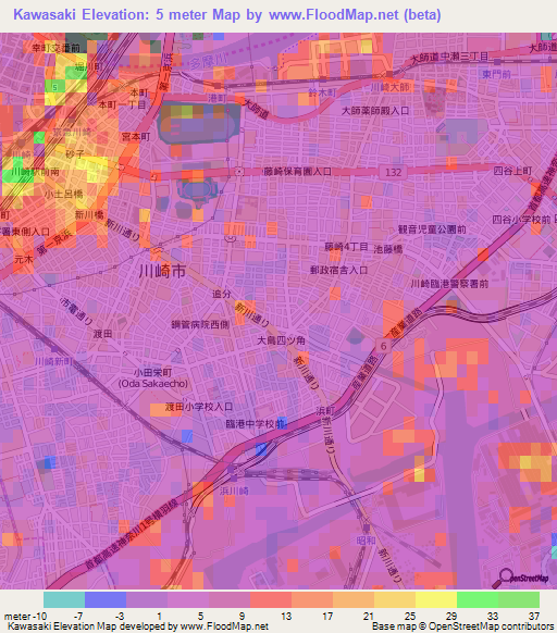 Kawasaki,Japan Elevation Map