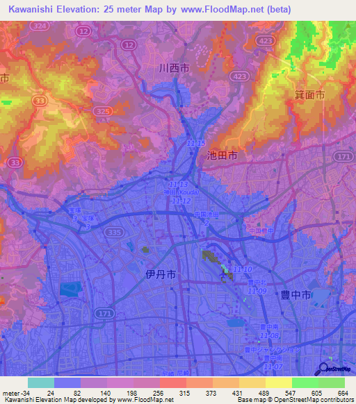 Kawanishi,Japan Elevation Map