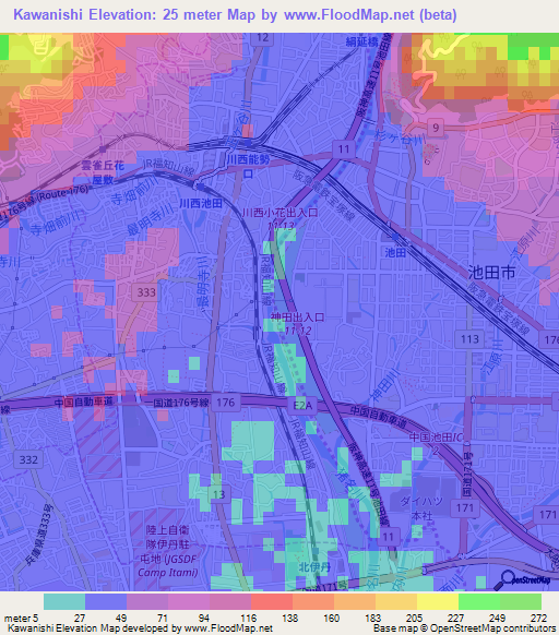 Kawanishi,Japan Elevation Map