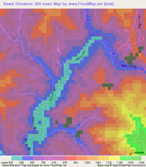 Kawai,Japan Elevation Map