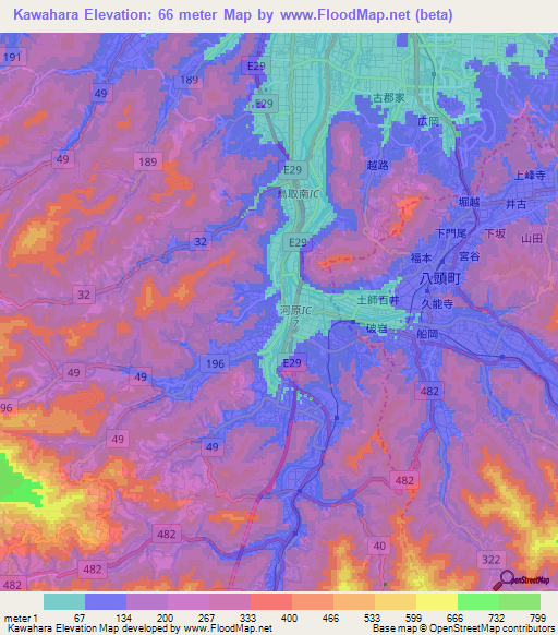 Kawahara,Japan Elevation Map