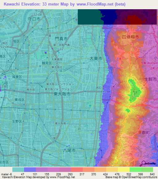Kawachi,Japan Elevation Map