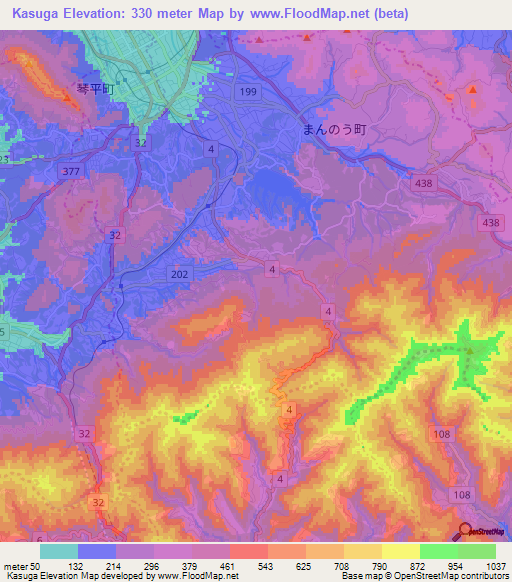 Kasuga,Japan Elevation Map