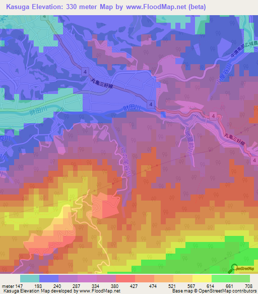 Kasuga,Japan Elevation Map