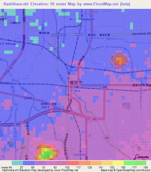 Kashihara-shi,Japan Elevation Map