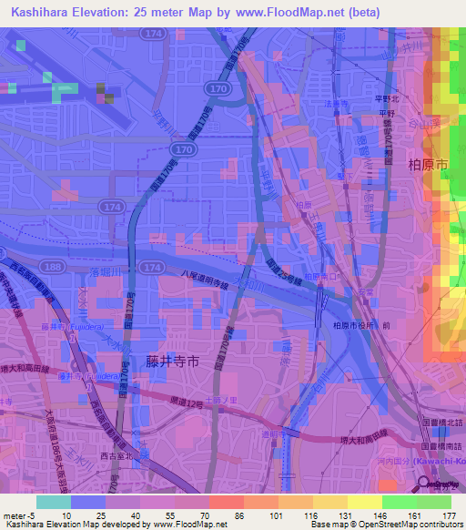 Kashihara,Japan Elevation Map