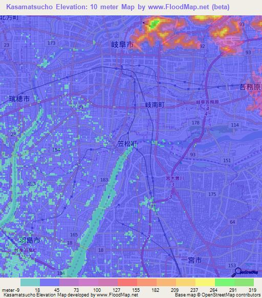 Kasamatsucho,Japan Elevation Map