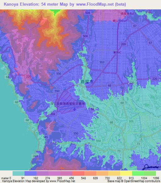 Kanoya,Japan Elevation Map
