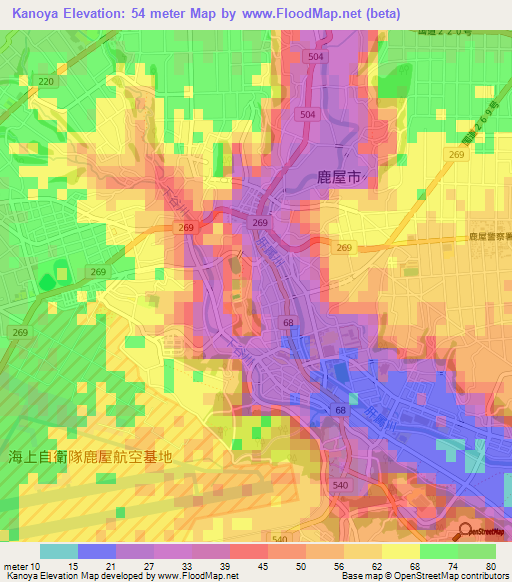 Kanoya,Japan Elevation Map