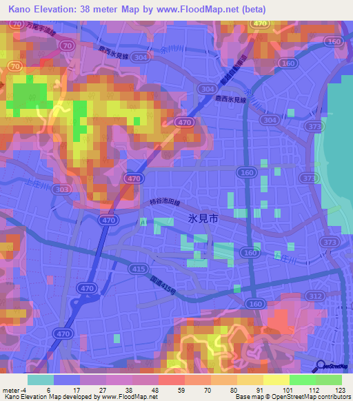 Kano,Japan Elevation Map