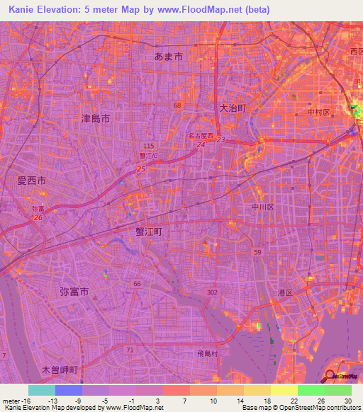 Kanie,Japan Elevation Map