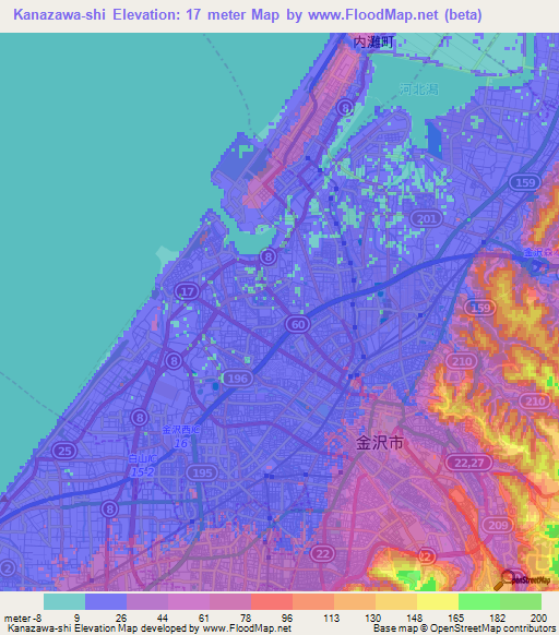 Kanazawa-shi,Japan Elevation Map