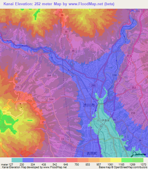 Kanai,Japan Elevation Map