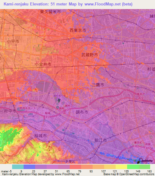 Kami-renjaku,Japan Elevation Map