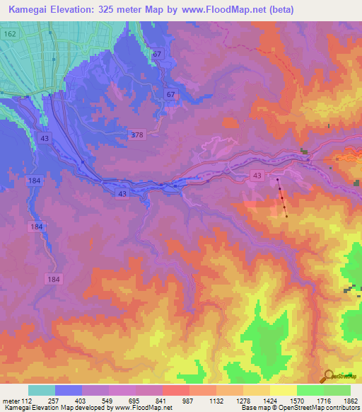 Kamegai,Japan Elevation Map
