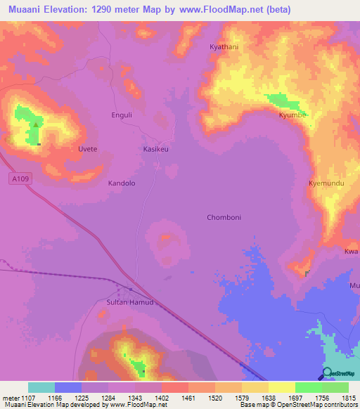Muaani,Kenya Elevation Map